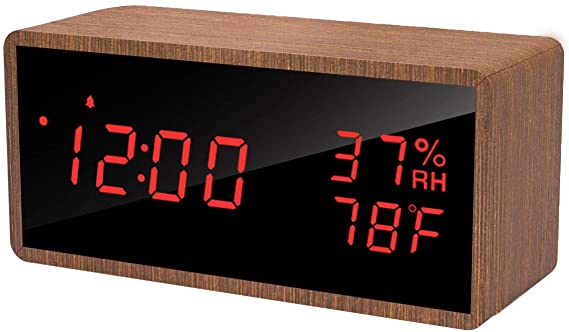 meross Alarm Clock, Pure Wooden Digital Clock with 3 Alarm Settings, Alarm Clock with Time, Temperature and Humidity LED Display, Bedside Alarm Clock Powered by USB with Sound Control(Sapele)