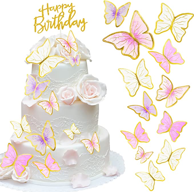 60 Pieces Butterfly Cake Toppers and 1 Piece Happy Birthday Cake Topper Butterfly Cupcake Toppers Butterfly Cake Decorations Birthday Party Cake Decorations for Girls Women Wedding Decoration