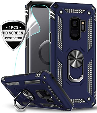 LeYi Galaxy S9 Case with Ring Holder Kickstand, Full Body Protective Silicone TPU Personalised Shockproof Tough Armour Phone Cover with Screen Protector for Samsung Galaxy S9 Dark Blue