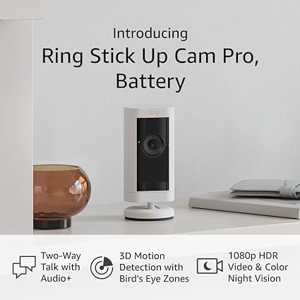 Introducing Ring Stick Up Cam Pro, Battery | Two-Way Talk with Audio , 3D Motion Detection with Bird’s Eye Zones, and 1080p HDR Video & Color Night Vision (2023 release), White