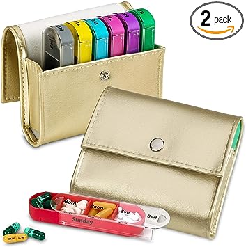 Weekly Travel Pill Organizer - (Set of 2) Medication Wallet Pill Box Reminders, Pill Container Dispenser Case, Vitamin Caddy Organizer, for 4 Times A Day, 7 Days a Week