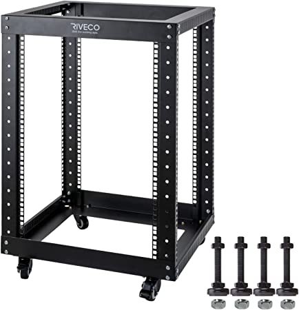 RIVECO 15U Server Rack Floor Standing Open Frame with Wheels- 19-inch 4 Post Quick Assembly AV Rack Network Heavy Duty Durable Black