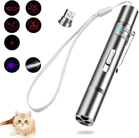 BonneChance Stainless Steel Interactive Cat Toys Wand, 4 in 1 USB Rechargeable Indoor Pets Chaser Toys for Kitten Kitty & Dogs Playing Training Exercise.