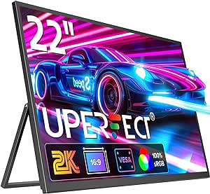 UPERFECT 22" 2K Portable Monitor w/VESA & 180°Adjustable Stand, 2560 * 1440 QHD FreeSync IPS HDR Large Gaming Display, USB-C HDMI Travel Second Monitor for Laptop Switch Phone