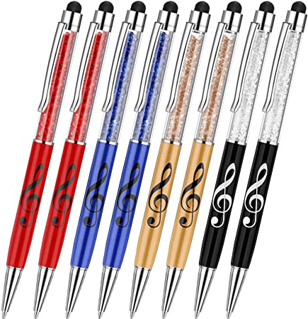 Bling Crystal Stylus Pen Diamond Capacitive Stylus and Black Ink Writing Pen 2 In 1 Retractable Touch Screen Pens Music Note Ballpoint Pen for Touch Screens Device (8 Pieces)