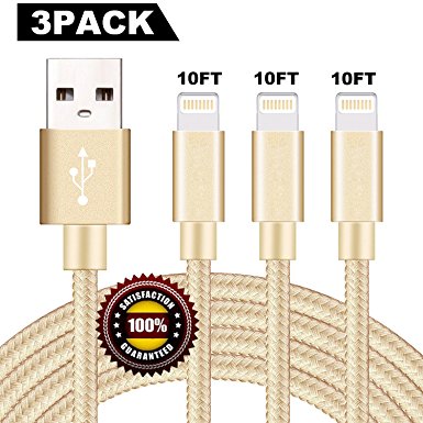 BULESK Lightning Cable 3Pack 10FT Nylon Braided Certified Lightning to USB iPhone Charger Cord for iPhone X 8 7 Plus 6S 6 SE 5S 5C 5, iPad 2 3 4 Mini Air Pro, iPod Nano 7 Gold