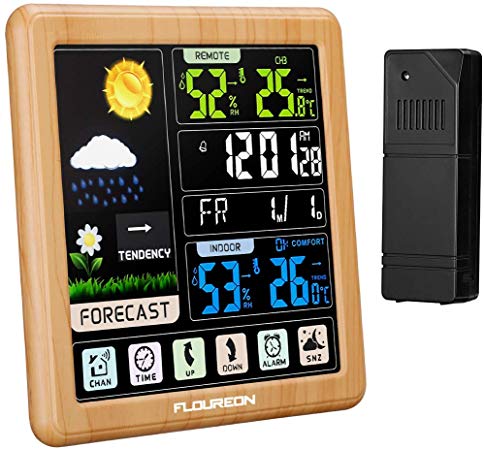 FLOUREON Wireless Home Weather Station Indoor Outdoor Weather Monitoring Clocks Thermometer Temperature Humidity Alarm Clock with Outdoor Sensor LCD Touch Screen