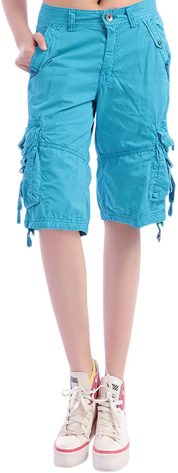 HOW'ON Women's Casual Loose Fit Twill Bermuda Cargo Shorts Multi Pocket Straight Shorts
