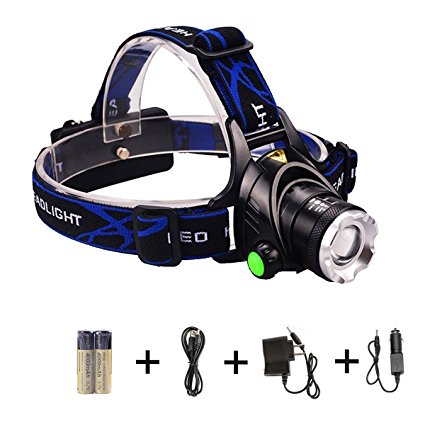SunGlobal 10W LED Headlamp Flashlight with Zoomable 3 Modes, XM-L CREE T6 LED 1200 Lumens, Hands-Free Headlight, Battery Powered Helmet Light for Camping, Running, Hiking, Reading