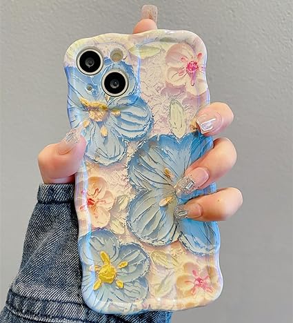 UEEBAI Case for iPhone 13 6.1 inch, Colorful Retro Oil Painting Flower Case Pretty Glossy Pattern Wave Case Cute Sparkly Floral Curly Cover Stylish Soft Case for Women and Girl - Blue White