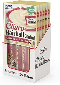 INABA Churu Hairball Control, Functional, Creamy Lickable Purée Cat Treat with Taurine & Vitamin E, 0.5 Ounces Each, 24 Tubes (4 per Pack), Chicken Recipe