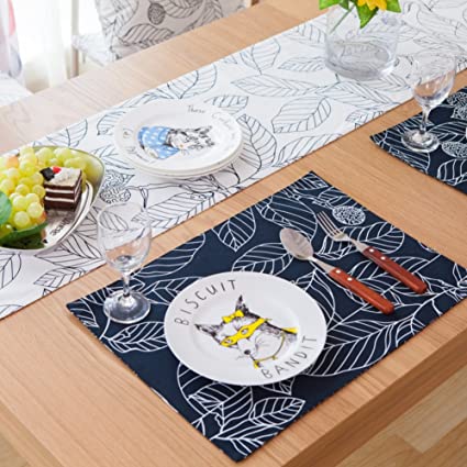 Kingmerlina Rectangle Linen Cotton Placemats Napkin Leaves Print Kitchen Table Mats Set of 4