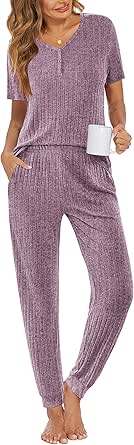 Ekouaer Pajama Sets for Womens Rib Knit Lounge Set Jogger Pants Short Sleeve Sleepwear 2 Piece Outfits Set with Pockets