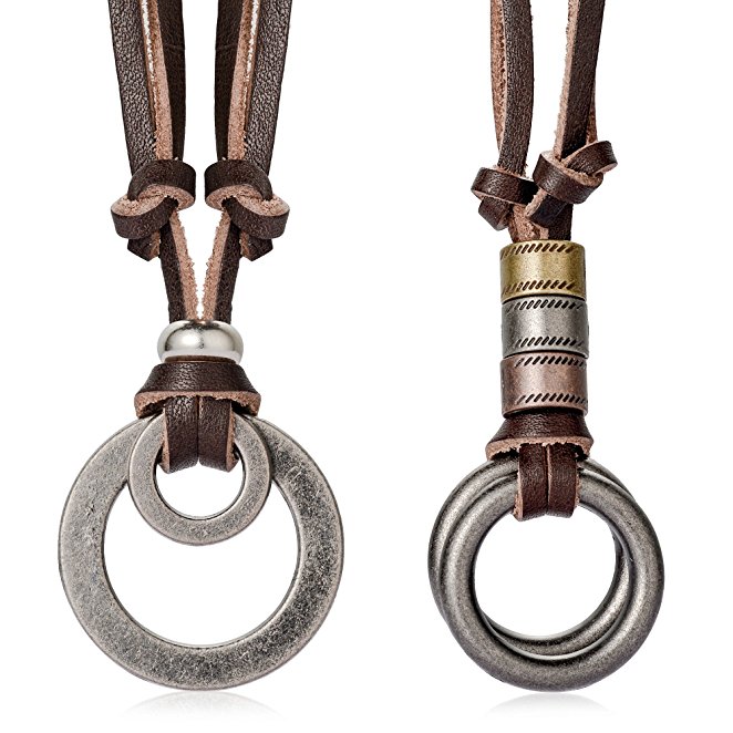 FIBO STEEL Alloy Vinatge Pendant Necklace for Men Leather Chain Adjustable