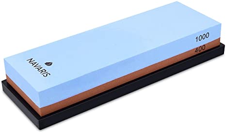 Navaris Double Sided Sharpening Stone - 400/1000 Grit Whetstone and Polishing Tool for Kitchen Knives and Cutlery with Non Slip Silicone Holder