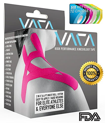 VARA Kinesiology Tape ★ w/FREE e-TAPING GUIDE [Rock Solid, Waterproof & Flexible Athletic Tape - Gold Standard, Lightweight, Breathable & Super Sticky Pro Therapeutic Taping - Hypoallergenic & Latex Free - Uncut 2 Inch x 16 Foot Roll - Athletes, Crossfit, Sports - Application for Shoulder, Knee, Back, Shin Splints, Hip, Ankle, Wrist, Neck, Hamstring, Elbow, Calf, Sprains & Many More] Get 'VARA'FIED PERFORMANCE - Support & Pain Relief! NO RISK - Better Than 100% Money Back Guarantee!