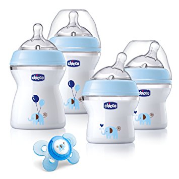 Chicco NaturalFit Newborn Gift Set - Blue Deco, 4 Pack Baby Bottle Set Plus Orthodontic Pacifier with Soft-flex Silicone Nipple