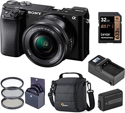 Sony Alpha A6100 Mirrorless Digital Camera, with 16-50mm Lens (Black) Basic Bundle with Filter Kit, Battery, Charger, Bag, 32GB SD Card