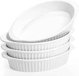 Foraineam 4 Pack 15 oz White Porcelain Oval Baking Dishes, 8.8 x 5.5 x 1.8 Inch Au Gratin Pans Small Table Serving Dish, Lasagna Pan Crème Brulee Bakeware Set with Double Handles, Dishwasher Oven Safe