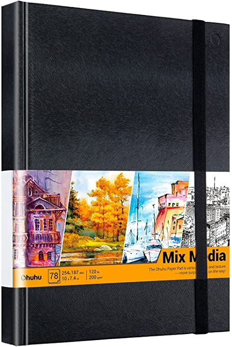 Mix Media Pad, Ohuhu 10"×7.4" Mixed Media Art Sketchbook, 120 LB/200 GSM Heavyweight Papers, 78 Sheets/156 Pages, PU Hardcover Mixed Media Paper Pad for Acrylic, Painting Back to School Christmas Gift