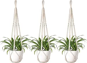 Mkono Macrame Plant Hanger Indoor Hanging Planter Basket with Wood Beads Decorative Flower Pot Holder No Tassels for Indoor Outdoor Boho Home Decor 35 Inch, Ivory, Set of 3 (POTS NOT Included)