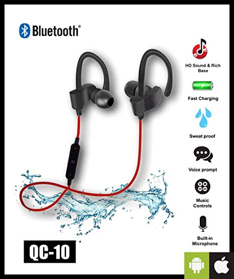 Priish® QC-10 Sound Wireless Bluetooth Earphone Earbud Portable Headphone Handsfree Sports Running Sweatproof Compatible IOS Android Smartphone Active Noise Cancellation & Charging Cable (Black/White)