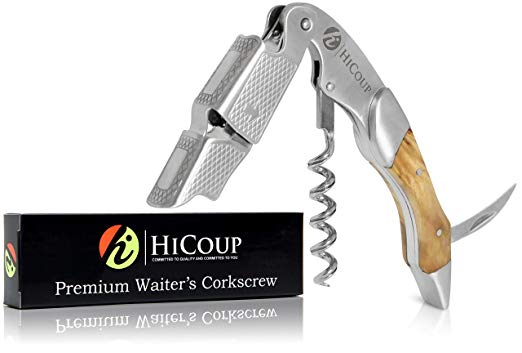 Waiters Corkscrew by HiCoup - Professional Stainless Steel with Bai Ying Wood Inlay All-in-one Corkscrew, Bottle Opener and Foil Cutter, The Favoured Wine Opener of Sommeliers, Waiters and Bartenders