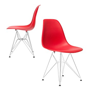 Set of 2 - Chelsea Eames DSR Eiffel (Metal Base) Molded Plastic Dining Chairs (Red)