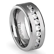 Charmy Jewelry 8mm Titanium Men's Wedding Band with 9 Large Channel Set Cubic Zirconia CZ Polished Finish Beveled Edge Comfort Fit Ring