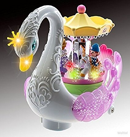 WolVol Beautiful Musical Rotating Horses Carousel Music Box on Self Riding Swan Animal, Lights and Sounds, Bump and Go Action - Great Gift Toy For Little Girls