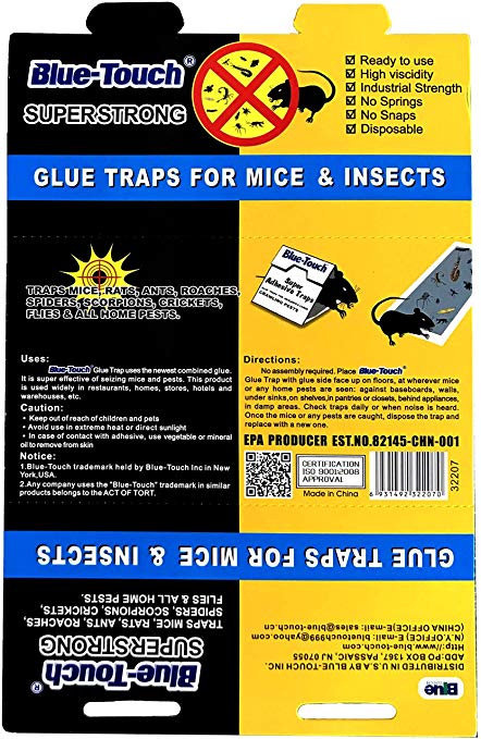 Blue Touch Mouse Glue Traps, Peanut Butter Scented Best Glue Traps Glue Boards for mice, Insects and Crawling pests. 8.5x5.5 inches, 1.1 OZ – 100 Traps/Box