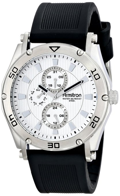Armitron Men's 20/4956WTSVBK [Amazon Exclusive] Silver-Tone Multi-Function Black Silicone Strap Watch