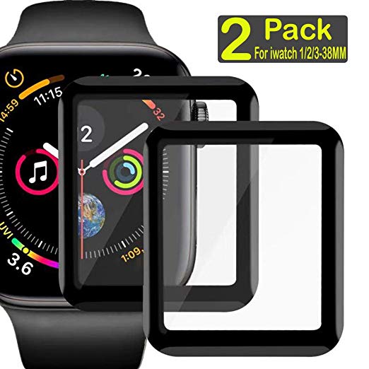 Compatible Apple Watch 3/2 /1 Series,3D Full Curved Edge Tempered Glass Screen Protector Clear Anti-Scratch Bubble-Free Film Watch Face Shield Guard Watch Screen Protector for iWatch 38mm (2 Pack)