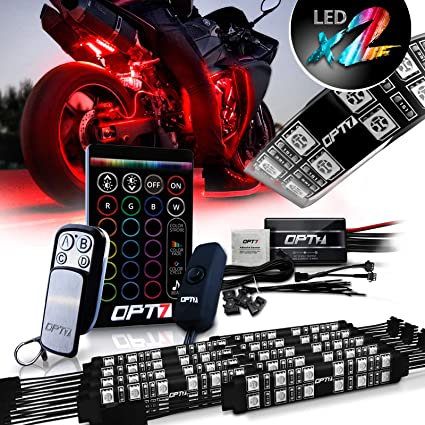 OPT7 Aura Motorcycle LED Light Kit with Wireless Remote Controller | RGB Multi-Color Strips Atmosphere Light w/Switch for Harley Davidson Honda Kawasaki Suzuki Ducati Sport Cruiser, 10pc Double Row