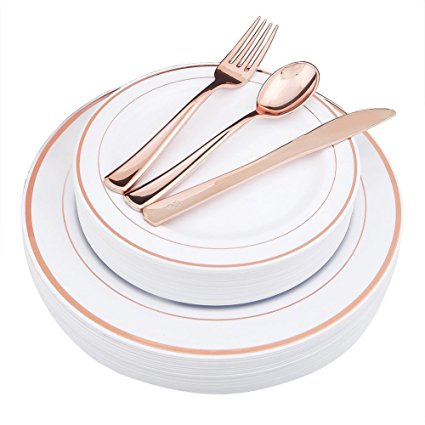 WDF-125 Piece Rose Gold Plastic Silverware Set&Disposable Plastic Plates- Premium Heavyweight Plastic Place Setting include 25 Dinner Plates,25 Salad Plates,25 Forks, 25 Knives, 25 Spoons(Rose Gold)