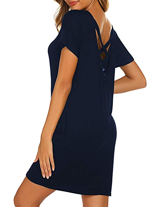 Women's Casual Criss Cross Short Sleeve Beach Tunic T Shirt Dress with Pockets
