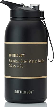 BOTTLED JOY Stainless Steel Water Bottle with Straw Lid, BPA Free 32oz/ Half Gallon/Gallon Large Water Bottle Dual Lid Vacuum Insulated BPA-Free Metal Thermos Mug for Camping Workouts and Outdoor