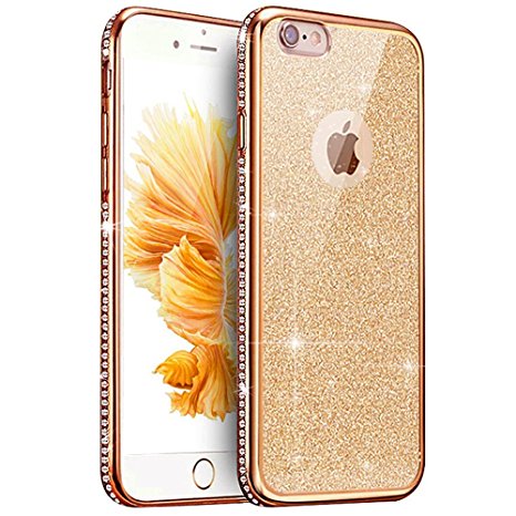 iPhone 8 Plus Case,iPhone 7 Plus Case,ikasus Slim Bling Glitter Crystal Diamond Flexible Soft Rubber Clear TPU Transparent Skin [Golden] Plated Bumper Silicone Case Cover for iPhone 8 Plus / 7 Plus