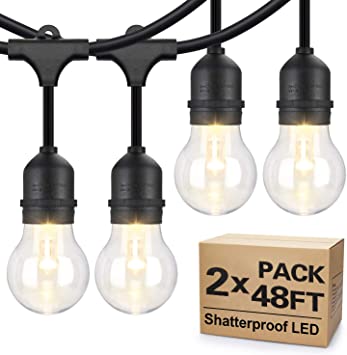 2-Pack 48FT Outdoor String Lights, Waterproof LED String Light with 15 Hanging Sockets Dimmable Vintage Edison Bulbs, Commercial Grade Patio Lighting For Backyard Porch Bistro Garden Party Decor