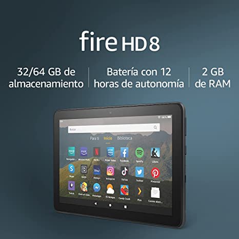 Tablet Fire HD 8, pantalla HD de 8 pulgadas, 64 GB (Negro) - Sin publicidad