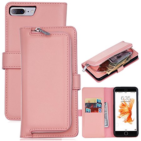 iPhone 7 Case,iPhone 7 Detachable Wallet Case,Soundmae Zipper Cash Storage Multi-function 2-in-1 Magnetic Separable Wallet Case Flip Cover With Credit Card Holder for iPhone 7[Pink]