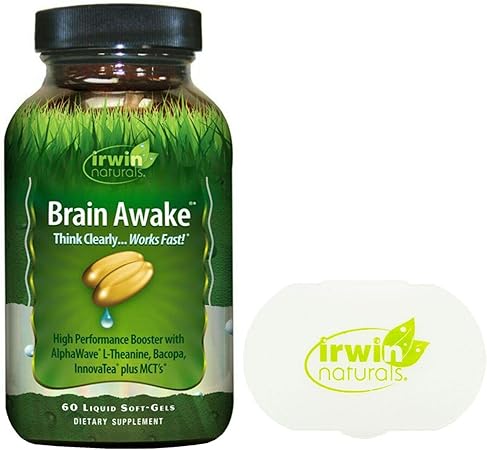 Irwin Naturals Brain Awake, Focus, Energy Booster Supplement with MCT Oil - 60 Liquid Soft-Gels Bundle Pill Case