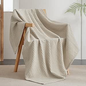 PHF Ultra Soft Waffle Weave Throw Blanket 50"x 60"- Washed Lightweight Breathable Cozy Woven Blanket Perfect for Spring Summer - Great Decor for Couch Bed Sofa Home Car - Light Khaki/Linen