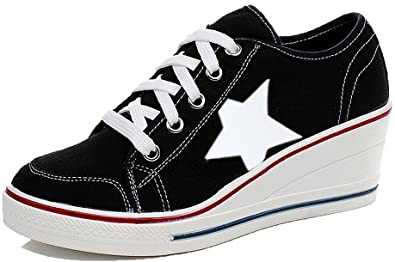 Padgene Women's Canvas High-Heeled Shoes Lace Up Fashion Sneakers Platform Wedges Pump Shoes