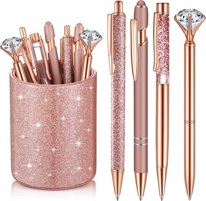 Sabary 8 Pcs Rose Gold Ballpoint Pen Set for Women, Glitter Pen Holder for Desk 8 Pcs Ballpoint Fancy Pens Diamond Liquid Bling Pen for Women Girls Graduation Wedding School Office (Rose Gold)