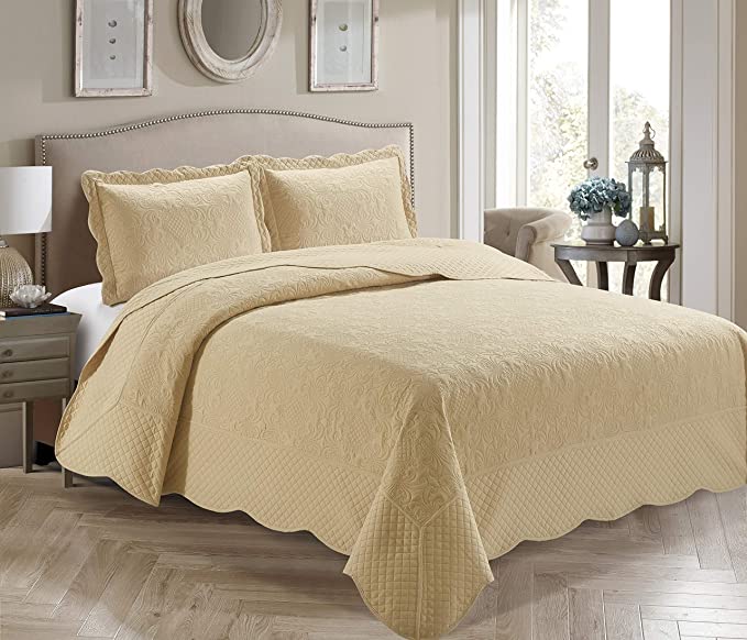 Better Home Style 3 Piece Luxury Ultrasonic Embossed Solid Color Quilt Coverlet Bedspread Oversized Bed Cover Set # Veronica (Full / Queen, Beige / Khaki)