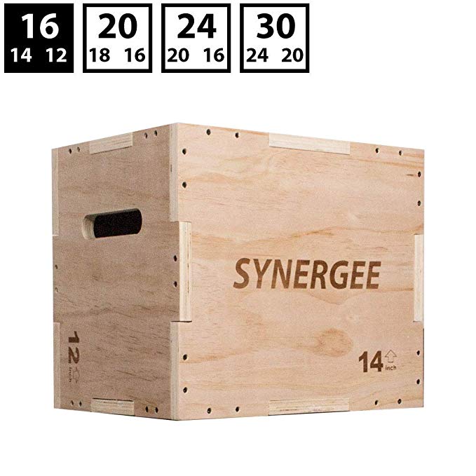 Synergee 3 in 1 Wood Plyometric Box for Jump Training and Conditioning. Wooden Plyo Box All in One Jump Trainer. Sizes 30/24/20, 24/20/16, 20/18/16, 16/14/12