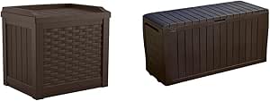 Suncast 22 Gallon Small Resin Storage Seat, Java, SSW600J & Keter Marvel Plus 71 Gallon Resin Outdoor Box for Patio Furniture Cushion Storage, Brown