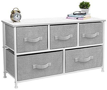 Sorbus Dresser with 5 Drawers - Furniture Storage Tower Unit for Bedroom, Hallway, Closet, Office Organization - Steel Frame, Wood Top, Easy Pull Fabric Bins (White/Gray)