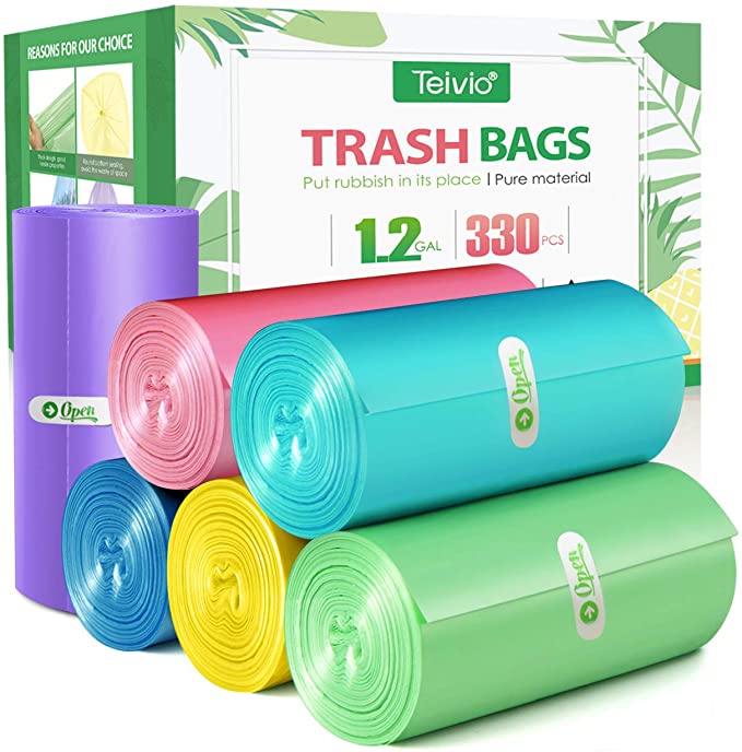 1.2 Gallon/330pcs Strong Trash Bags Colorful Clear Garbage Bags, Bathroom Trash Can Bin Liners, Small Plastic Bags for home office kitchen, fit 5-6 Liter, 0.8-1.6 and 1-1.5 Gal, Multicolor
